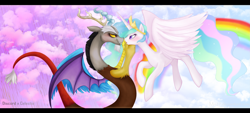 Size: 3369x1522 | Tagged: safe, artist:mn27, discord, princess celestia, alicorn, draconequus, pony, blushing, chocolate, chocolate rain, crown, dislestia, duo, duo male and female, eye contact, eyebrows, female, flying, food, grin, high res, jewelry, looking at each other, looking at someone, male, mare, open mouth, profile, rain, rainbow, regalia, shipping, smiling, spread wings, straight, wings