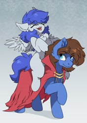 Size: 2481x3507 | Tagged: safe, artist:arctic-fox, oc, oc only, oc:bizarre song, oc:gabriel, pegasus, pony, cape, chest fluff, clothes, high res, ponies riding ponies, riding