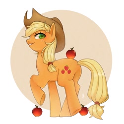 Size: 1700x1700 | Tagged: safe, artist:hosikawa, applejack, earth pony, pony, g4, abstract background, apple, applebutt, applejack's hat, butt, cowboy hat, female, food, freckles, hat, looking at you, looking back, looking back at you, mare, plot, raised hoof, simple background, solo, underhoof, white background