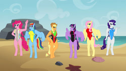 Size: 1280x722 | Tagged: safe, artist:mlp-headstrong, applejack, fluttershy, pinkie pie, rainbow dash, rarity, twilight sparkle, alicorn, pegasus, unicorn, anthro, unguligrade anthro, g4, beach, clothes, mane six, one-piece swimsuit, requested art, smiling, swimsuit, twilight sparkle (alicorn)