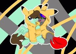 Size: 2048x1476 | Tagged: safe, artist:kittyrosie, edit, oc, oc only, oc:mint sky, oc:star carmel, pegasus, pikachu, pony, blue eyes, blushing, brown hair, brown tail, clothes, duo, eyes closed, female, happy, hoodie, hooves, love, male, mare, pegasus oc, pikachu hoodie, pokémon, red tail, sitting, stallion, tail, wings