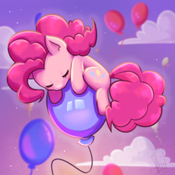 Size: 2000x2000 | Tagged: safe, artist:fluterloo, pinkie pie, earth pony, pony, balloon, chibi, cloud, cute, deviantart watermark, diapinkes, ear fluff, eyes closed, female, floating, high res, mare, obtrusive watermark, ponk, sky, sleeping, solo, then watch her balloons lift her up to the sky, watermark