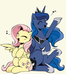 Size: 2870x3224 | Tagged: safe, artist:yukandasama, fluttershy, princess luna, alicorn, pegasus, pony, back to back, cute, deviantart watermark, duo, duo female, eyes closed, female, folded wings, high res, lunabetes, mare, music notes, obtrusive watermark, open mouth, shyabetes, simple background, singing, sitting, spread wings, watermark, white background, wings