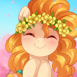 Size: 800x800 | Tagged: safe, artist:loyaldis, pear butter, earth pony, pony, g4, blushing, cute, deviantart watermark, eyes closed, female, floral head wreath, flower, mare, obtrusive watermark, pearabetes, smiling, solo, watermark