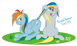 Size: 10824x6475 | Tagged: safe, artist:bessovestniy, derpy hooves, rainbow dash, pegasus, pony, g4, duo, open mouth, open smile, smiling, tail, tail pull