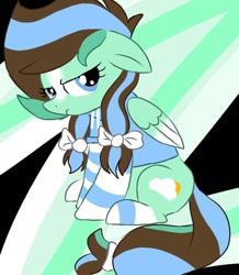 Size: 568x650 | Tagged: safe, oc, oc only, oc:mint sky, pegasus, pony, bow, clothes, grimace, hair bow, hoodie, hooves, nervous, one ear down, pegasus oc, sitting, socks, solo, striped socks