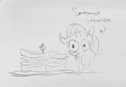 Size: 2048x1414 | Tagged: safe, artist:horsewizardart, trixie, pony, unicorn, g4, female, food, grayscale, kitchen eyes, mare, monochrome, pencil drawing, sandwich, sketch, solo, text, tongue out, traditional art