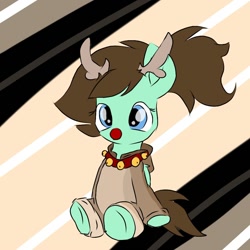 Size: 1000x1000 | Tagged: safe, oc, oc only, oc:mint sky, bells, blue eyes, brown hair, brown tail, christmas, clothes, holiday, hoodie, hooves, looking at you, red nose, sitting, solo, tail