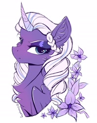 Size: 1810x2300 | Tagged: safe, artist:disarrayedfay, opaline arcana, alicorn, pony, g5, my little pony: make your mark, spoiler:g5, spoiler:my little pony: make your mark, autograph, eye clipping through hair, eyebrows, eyeshadow, floppy ears, flower, folded wings, looking at you, makeup, purple eyeshadow, simple background, white background, wings