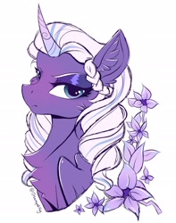 Size: 1810x2300 | Tagged: safe, artist:disarrayedfay, opaline arcana, alicorn, pony, g5, my little pony: make your mark, spoiler:g5, autograph, eye clipping through hair, eyebrows, eyeshadow, floppy ears, flower, folded wings, looking at you, makeup, purple eyeshadow, simple background, white background, wings