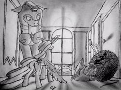 Size: 2933x2177 | Tagged: safe, artist:qwixlochflow, princess celestia, princess luna, alicorn, pony, g4, butt, glowing, glowing horn, grayscale, high res, horn, knitting needles, micro, monochrome, onomatopoeia, plot, royal guard, shrunklestia, sound effects, sunbutt, trio, yarn, yarn ball, zzz