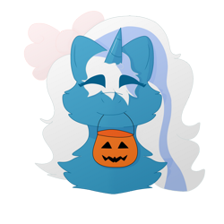 Size: 500x500 | Tagged: safe, artist:nerdy-katt, oc, oc:fleurbelle, alicorn, pony, alicorn oc, bow, eyes closed, female, hair bow, horn, mare, mouth hold, pumpkin bucket, simple background, solo, transparent background, wings