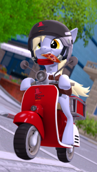 Size: 2160x3840 | Tagged: safe, artist:owlpirate, derpy hooves, pegasus, pony, 3d, 4k, cute, delivery pony, derpabetes, driving, female, food, grin, helmet, high res, mare, moped, mouth hold, pizza, smiling, solo, source filmmaker, tail, vehicle, windswept tail