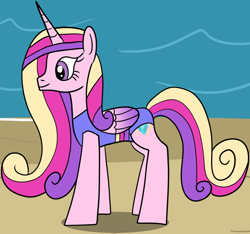 Size: 1588x1489 | Tagged: safe, artist:platinumdrop, princess cadance, alicorn, pony, g4, beach, clothes, cropped, female, folded wings, mare, missing accessory, one-piece swimsuit, solo, swimsuit, wings