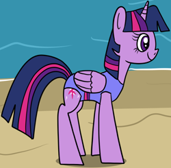 Size: 1306x1281 | Tagged: safe, artist:platinumdrop, twilight sparkle, alicorn, pony, g4, beach, clothes, cropped, female, folded wings, mare, one-piece swimsuit, solo, swimsuit, twilight sparkle (alicorn), wings