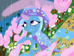 Size: 2048x1536 | Tagged: safe, artist:php176, derpibooru exclusive, trixie, dragonfly, frog, insect, pony, unicorn, g4, cape, cherry blossoms, clothes, female, flower, flower blossom, glowing, glowing horn, hat, horn, mare, puddle, rain, trixie's cape, trixie's hat, water, wet, wet mane