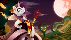 Size: 3000x1686 | Tagged: safe, artist:arctic-fox, rarity, g4, alice in wonderland, bipedal, clothes, crossover, crown, disney, female, full moon, halloween, holiday, jewelry, mare in the moon, moon, night, night sky, queen of hearts, regalia, scenery, scepter, sky, solo