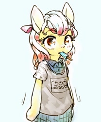 Size: 999x1200 | Tagged: safe, artist:toki, apple bloom, earth pony, semi-anthro, g4, arm hooves, clothes, female, filly, foal, food, ice cream, shirt, simple background, solo, t-shirt, white background