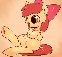 Size: 653x600 | Tagged: safe, artist:araraginatsuki, apple bloom, earth pony, pony, g4, adorabloom, belly button, blushing, cute, female, filly, foal, open mouth, sitting, solo, tongue out