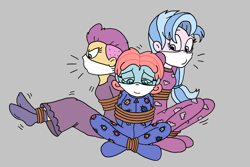 Size: 2172x1455 | Tagged: safe, artist:bugssonicx, ocellus, silverstream, smolder, human, equestria girls, g4, bondage, bound and gagged, bound together, cloth gag, clothes, crying, emanata, equestria girls-ified, female, footed sleeper, footie pajamas, gag, help us, nightgown, onesie, over the nose gag, pajamas, rope, rope bondage, struggling, tied up, trio, trio female