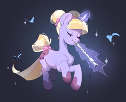 Size: 2000x1623 | Tagged: safe, artist:ziliya, oc, oc only, butterfly, pony, unicorn, eyes closed, female, flute, glowing, glowing horn, hair bun, horn, magic, mare, musical instrument, recorder, solo, tail, tail wrap, telekinesis
