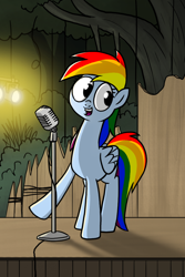 Size: 750x1125 | Tagged: safe, artist:fimflamfilosophy, rainbow dash, pegasus, pony, g4, 2015, cropped, dancing, looking away, microphone, old art, raised hoof, solo