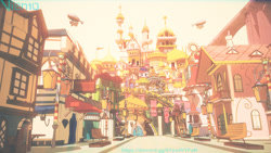 Size: 3840x2160 | Tagged: safe, artist:hornball, 3d, 3d model, airship, background, building, canterlot, canterlot castle, castle, city, cityscape, detailed, detailed background, high res, no pony, scenery, scenery porn, sky, street, viento, warm