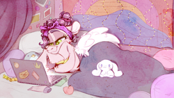 Size: 1920x1080 | Tagged: safe, artist:wacky-skiff, pipp petals, pegasus, pony, g5, apple, bandaid, bandaid on nose, bed, cinnamoroll, computer, female, food, laptop computer, mare, plushie, sanrio, solo, sticker