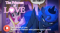 Size: 1000x556 | Tagged: safe, artist:lummh, artist:regendary, princess cadance, princess luna, alicorn, pony, comic:the princess of love, g4, advertisement, ethereal mane, female, jewelry, mare, patreon, patreon logo, patreon preview, regalia, speech bubble