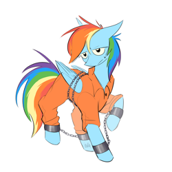 Size: 2000x2000 | Tagged: safe, artist:imd00g, rainbow dash, pegasus, pony, g4, bound wings, clothes, commission, cuffs, high res, never doubt rainbowdash69's involvement, prison outfit, prisoner, prisoner rd, simple background, solo, white background, wings