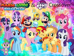 Size: 3000x2250 | Tagged: safe, artist:jhayarr23, artist:meganlovesangrybirds, artist:user15432, applejack, fluttershy, pinkie pie, rainbow dash, rarity, spike, starlight glimmer, sunset shimmer, twilight sparkle, alicorn, dragon, earth pony, human, pegasus, pony, unicorn, g4, barely pony related, colored background, crossover, high res, looking at you, luigi, male, mane eight, mane seven, mane six, mario, mario & luigi, mario & luigi: dream team, my little pony logo, one eye closed, rainbow background, smiling, smiling at you, sparkly background, starlow, super mario bros., twilight sparkle (alicorn), wink, winking at you