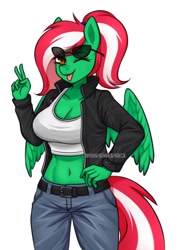 Size: 1597x2215 | Tagged: safe, artist:handgunboi, oc, oc only, oc:spring wind, pegasus, anthro, ;p, belly button, belt, breasts, cleavage, clothes, commission, female, jacket, midriff, one eye closed, open clothes, open jacket, pants, peace sign, pegasus oc, simple background, solo, sunglasses, tongue out, white background