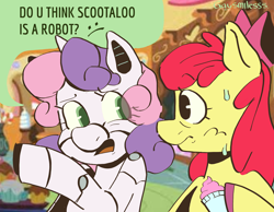 Size: 4096x3184 | Tagged: safe, artist:gay_smilesss, apple bloom, sweetie belle, earth pony, gynoid, pony, robot, robot pony, unicorn, friendship is witchcraft, g4, cutie mark crusaders, dialogue, duo, eye clipping through hair, female, filly, foal, food, high res, hypocrisy, hypocritical humor, ice cream, oblivious, open mouth, sugarcube corner, sweat, sweatdrop, sweetie bot