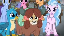 Size: 1920x1080 | Tagged: safe, screencap, berry blend, berry bliss, fine catch, gallus, november rain, silverstream, yona, classical hippogriff, griffon, hippogriff, pony, yak, a rockhoof and a hard place, g4, season 8, 1080p, bowtie, cute, diastreamies, female, friendship student, gallabetes, happy, male, mare, monkey swings, smiling, stallion, yonadorable