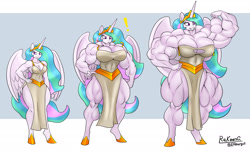 Size: 2640x1620 | Tagged: safe, artist:e4hargus, princess celestia, alicorn, anthro, unguligrade anthro, g4, clothes, dress, female, female muscle growth, fetish, flexing, grin, growth, jewelry, muscle expansion, muscle fetish, muscle growth, muscles, muscular female, princess musclestia, regalia, side slit, simple background, smiling, solo, total sideslit