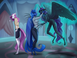 Size: 3000x2252 | Tagged: safe, artist:darkcat613, fleur-de-lis, nightmare moon, princess luna, alicorn, unicorn, anthro, unguligrade anthro, fall of equestria, g4, aftermath, angry, ears back, fear, female, glowing, glowing horn, high res, horn, luna's room, magic, mother and child, mother and daughter, rise of equestria, scared, shivering, telekinesis, trio