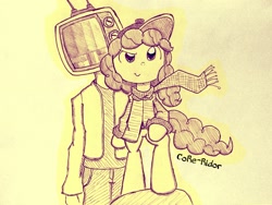 Size: 2993x2245 | Tagged: safe, artist:core-ridor, oc, oc only, earth pony, human, pony, bipedal, clothes, dreamworks face, duo, high res, monochrome, scarf, television