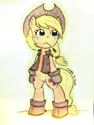 Size: 1966x2622 | Tagged: safe, artist:core-ridor, applejack, earth pony, pony, g4, bipedal, boots, clothes, shoes, solo, straw in mouth, traditional art, vest