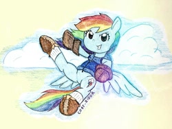 Size: 2622x1967 | Tagged: safe, artist:core-ridor, rainbow dash, pegasus, pony, g4, boots, flying, grin, looking at you, shoes, smiling, solo, traditional art