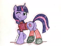 Size: 1937x1453 | Tagged: safe, artist:core-ridor, twilight sparkle, pony, unicorn, g4, butt, clothes, one eye closed, plot, shoes, solo, sweater, traditional art, unicorn twilight, wink