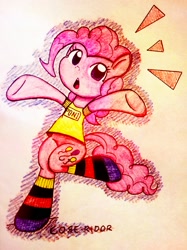 Size: 1823x2431 | Tagged: safe, artist:core-ridor, pinkie pie, earth pony, pony, g4, bipedal, clothes, open mouth, running, shirt, socks, solo, striped socks, t-shirt, traditional art