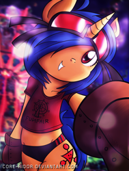 Size: 1500x1980 | Tagged: safe, artist:core-ridor, oc, oc only, oc:jester wink, unicorn, semi-anthro, arm hooves, bipedal, boots, clothes, female, goggles, hair over one eye, selfie, shirt, shoes, solo, t-shirt, underwear