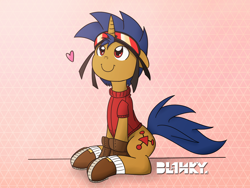 Size: 1600x1200 | Tagged: safe, artist:core-ridor, oc, oc only, oc:jumper blink, pony, unicorn, abstract background, boots, clothes, goggles, heart, shoes, sitting, smiling, solo