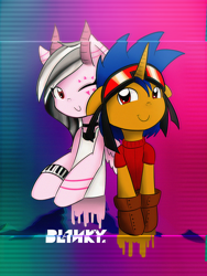 Size: 1500x2000 | Tagged: safe, artist:core-ridor, oc, oc only, oc:jumper blink, pegasus, pony, unicorn, abstract background, bust, clothes, duo, horns, one eye closed, smiling, wink