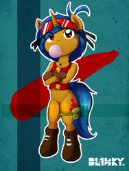 Size: 3000x4000 | Tagged: safe, artist:bl1nky, artist:core-ridor, oc, oc only, oc:jester wink, oc:winky, unicorn, semi-anthro, arm hooves, bipedal, boots, bubblegum, clothes, crossed arms, food, goggles, gum, high res, outline, shoes, solo, tank top