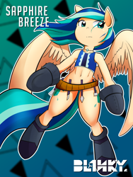 Size: 3000x4000 | Tagged: safe, artist:bl1nky, artist:core-ridor, oc, oc only, oc:sapphire breeze, pegasus, semi-anthro, abstract background, arm hooves, belt, boots, clothes, female, high res, outline, shoes, solo, tank top, watermark
