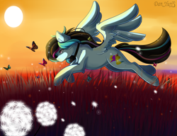 Size: 2080x1600 | Tagged: safe, artist:yuris, oc, oc only, oc:rosalina skies, butterfly, insect, pegasus, pony, commission, dandelion, field, pegasus oc, solo, sun, sunset, ych result