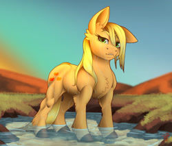Size: 1920x1636 | Tagged: safe, artist:tillie-tmb, applejack, earth pony, pony, g4, anatomically incorrect, applejacked, female, floppy ears, looking at you, looking down, looking down at you, mare, muscles, muscular female, one ear down, outdoors, pond, scenery, sky, solo, stupid sexy applejack, water, wet, wet mane