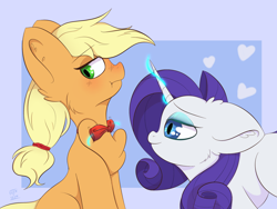 Size: 2048x1536 | Tagged: safe, artist:eventseem, applejack, rarity, earth pony, pony, unicorn, g4, blushing, bowtie, duo, duo female, female, floppy ears, horn, lesbian, magic, mare, ship:rarijack, shipping