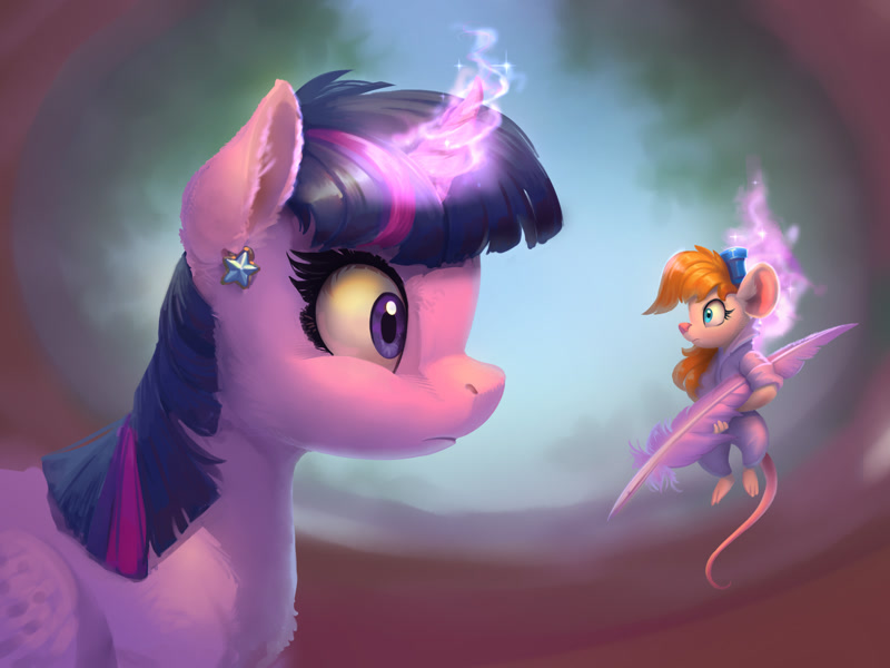 2936230 - safe, artist:gor1ck, twilight sparkle, alicorn, mouse, pony, g4,  chip and dale rescue rangers, crossover, duo, ear piercing, earring,  feather, female, gadget hackwrench, jewelry, levitation, looking at each  other, looking at